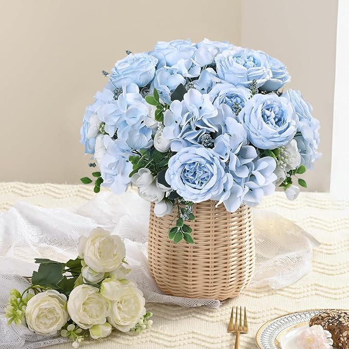 MARTINE MALL 4 Packs Peonies Artificial Flowers, Blue Artificial Peonies, Silk Peonies Flowers Fake Peonies Artificial Flowers Peonies Bouquet for Centerpiece Table Wedding Party Home Decor