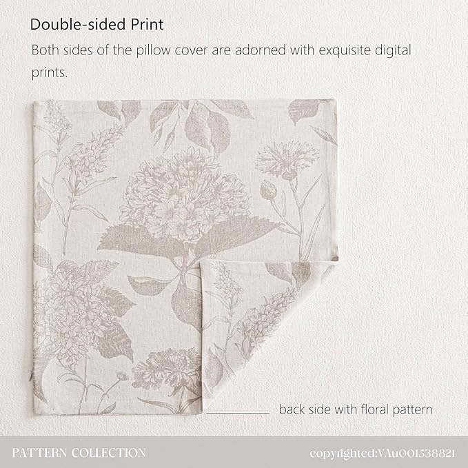 Foindtower Set of 2 Linen Floral Vintage Throw Pillow Covers Neutral Accent Print Decorative Cushion Covers Farmhouse Home Decor for Sofa Chair Couch Bedroom Living Room,18×18 Inch,Tan Beige