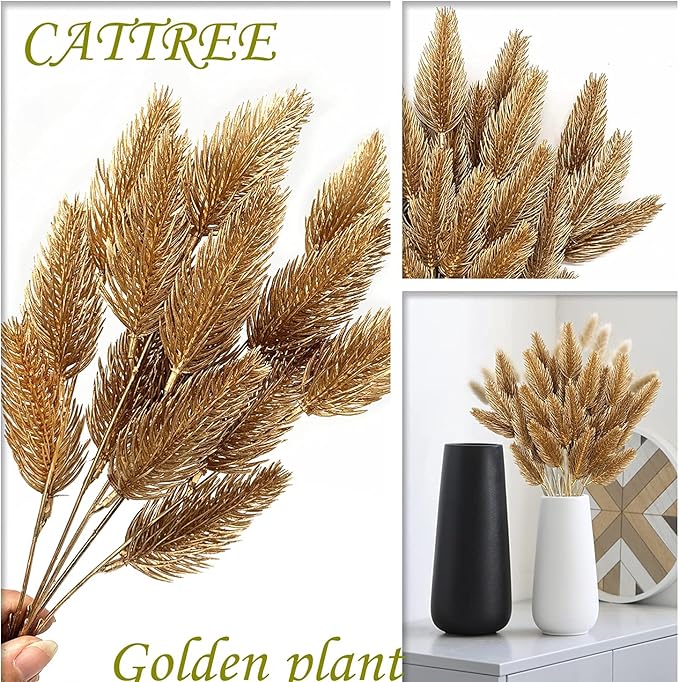 CATTREE Artificial Gold Plants Plastic Fake Grass Faux Shrubs Simulation Bushes Home Indoor Outdoor Garden Leaves Wedding Festival Decoration Hall Table Planter Filler Pine Cones Golden - 3 Pack