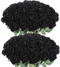 50Pcs Black Roses Artificial Flowers Fake Rose Faux Velvet Silk Flowers for Home Wedding Decoration (Pearl Roses, Pure Black)