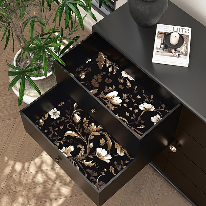 Vintage Wallpaper Peel and Stick Black Floral Wallpaper Black White Wall Paper Gold Leaf Contact Paper Waterproof Self-Adhesive Wall Covering for Bathroom Countertop Desk Cabinet 17.4" x 118"