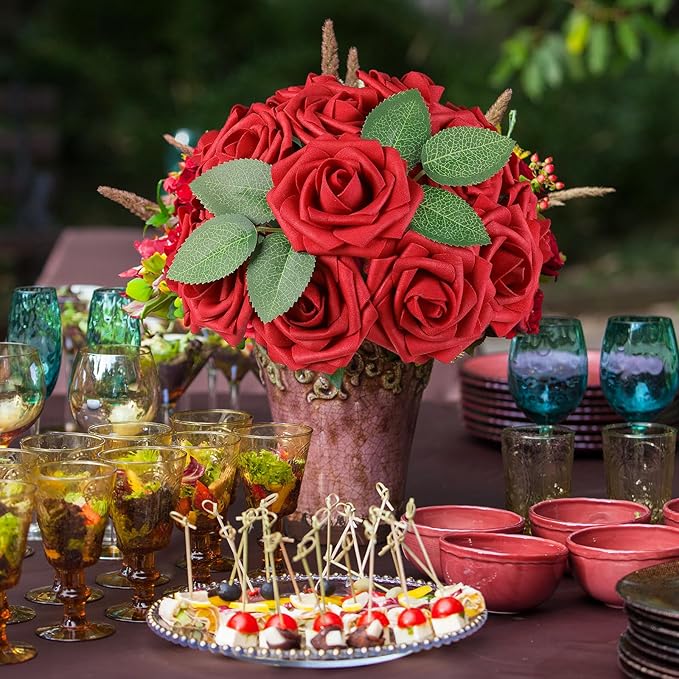 AmyHomie Artificial Flowers Red Rose 50pcs Real Looking Fake Roses w/Stem for DIY Wedding Bouquets Centerpieces Arrangements Party Baby Shower Valentines Day Christmas Tree Decorations