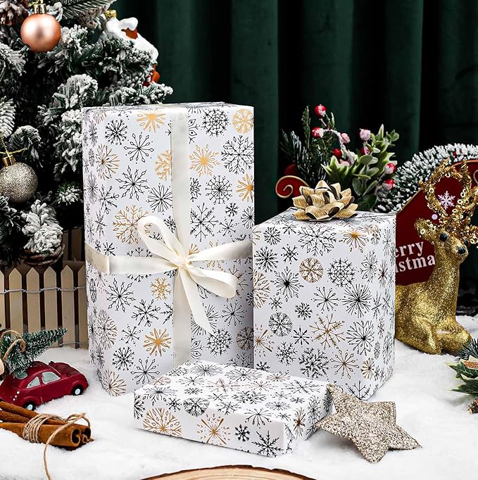 MAYPLUSS Christmas Gift Wrapping Paper Roll - 17 Inch X 33 Feet - Minimalistic Elegant Snowflake Flurry with Gold Design Winter Holiday Gift Wrap Sheet for Party, DIY Crafts & Festive Decoration