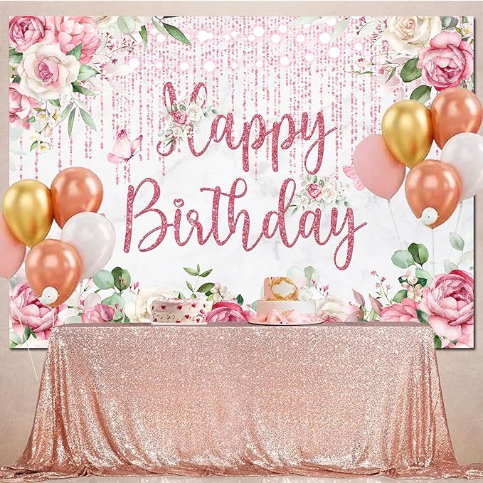 Rose Gold Floral Birthday Backdrop Decorations for Women,Glitters Blush Pink Flower Happy Birthday Backdrops Banner Photography Background for Women Girls Bday Party Photo Booth Supplies 7x5ft