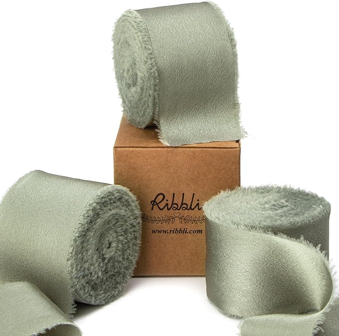 Ribbli Dusty Sage Green Silk Satin Ribbon 1.5 Inch x 30 Yard Handmade Frayed Chiffon Dusty Sage Ribbon for Gift Wrapping Wedding Invitations Bridal Bouquets Home Decor