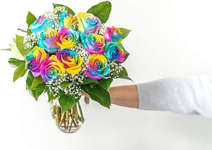 From You Flowers - One Dozen Wild Rainbow Roses with Glass Vase | Fresh Flower Bouquets for Birthday, Anniversary, Get Well or Celebration