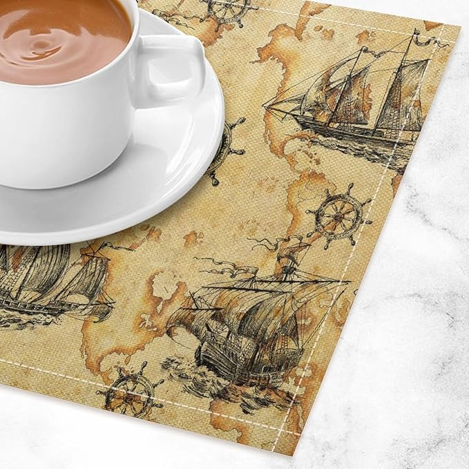 Nautical Themed Placemats Beach Vintage Map Boat Art Printed Dining Table Mats Set of 4 for Restaurant Home Kitchen Holiday Picnic Party Decor 12x18in
