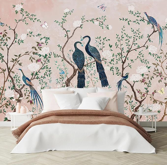 PYFFYP- Chinoiserie Pink Flowers and Bird Wallpaper Vintage Peacock murals for Living Room(Not Peel and Stick)