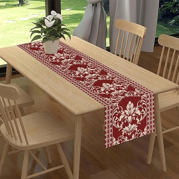 Damask Table Runner, Red Rustic Damask Antique Floral Retro Boho Art Pattern Linen Coffee Table Center Decor for Home Kitchen Dining Decorations Indoor Outdoor 13x72 inch