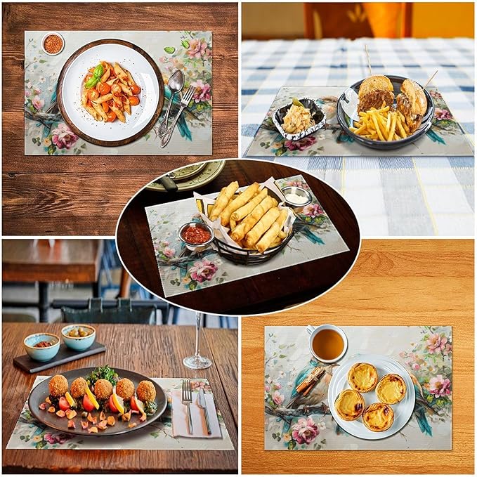 Botanical Birds Placemats Set of 6 Bird Pictures Farmhouse Rustic Flower Kitchen Mats Waterproof Washable Table Mats for Kitchen Dining Decoration 6 PCS