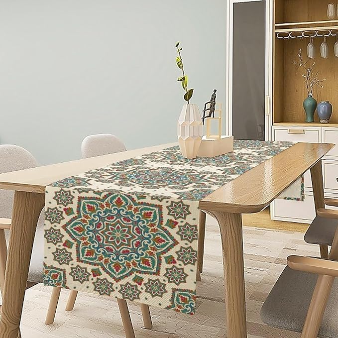 Boho Table Runner, Colorful Bohemian Mandala Geometric Floral Table Runner for Kitchen Dining Home Party Decoration, 13x108 Inch