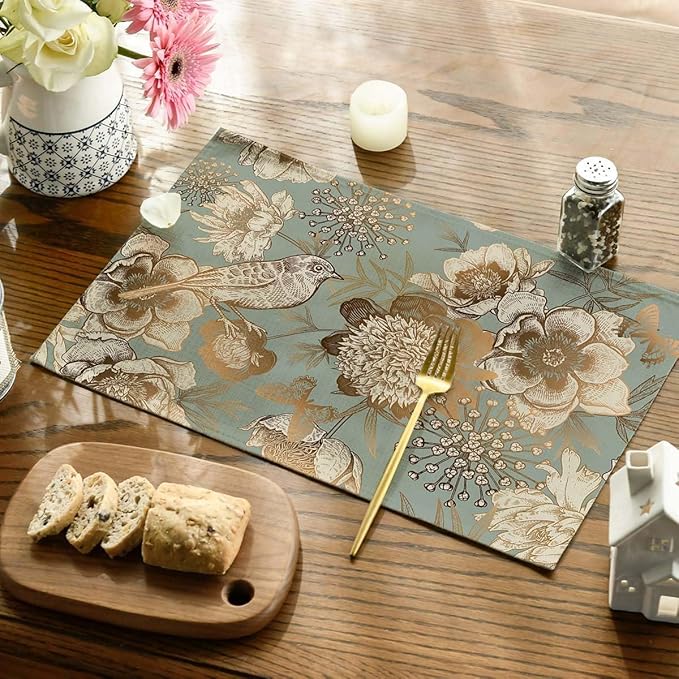 Placemats Set of 4 Retro Peony Bird and Butterfly Table Mats Linen Place Mats for Dining Kitchen Country Camp Farmhouse Decor 12x18 Inch