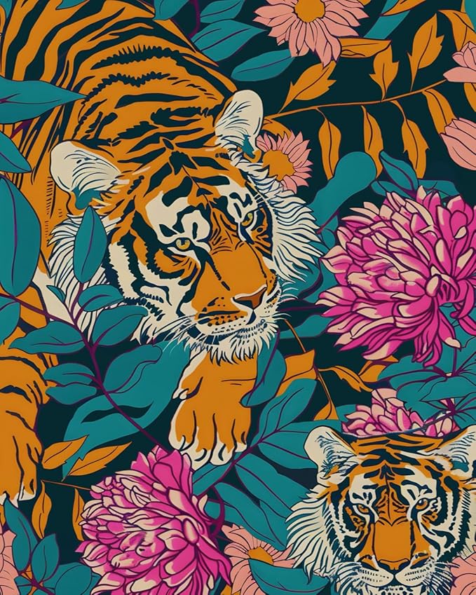 Tiger Wallpaper Peel and Stick Vintage Floral Contact Paper Retro Boho Leaf Wall Paper Removable Waterproof Renter Friendly Wall Decor for Bedroom Countertop Desk Cabinet 17.5 x 118In