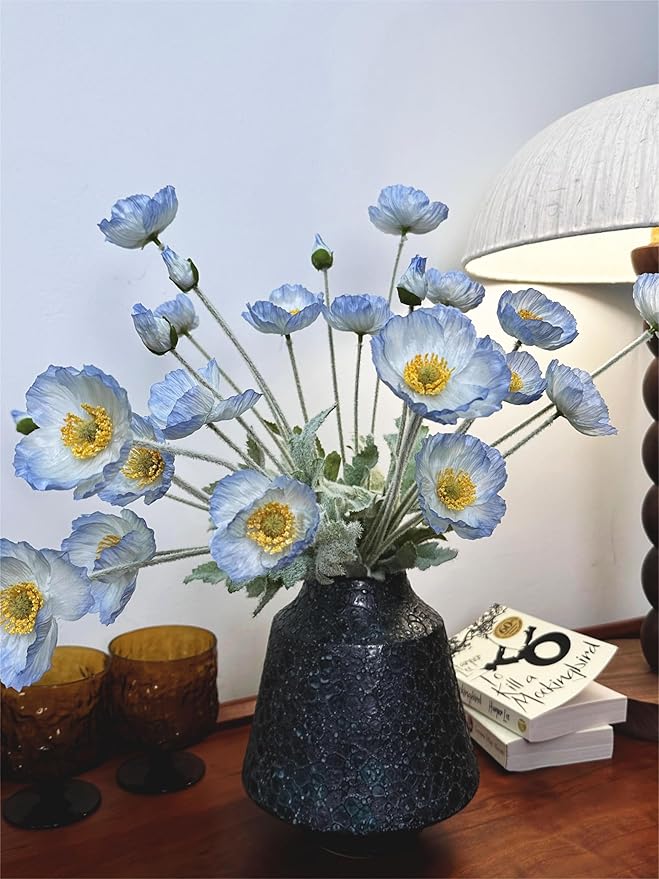 Set of 6 Light Blue Silk Poppy Flowers Artificial with Stems Silk Poppies Bouquet Faux Ranunculus Artificial Flowers for Wedding Party Home Office Indoor Decoration (Light Blue)