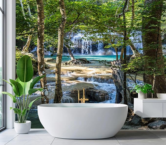 Cliouar--Erawan Waterfall in Kanchanaburi Mural Wallpaper Peel and Stick 137" x 102"
