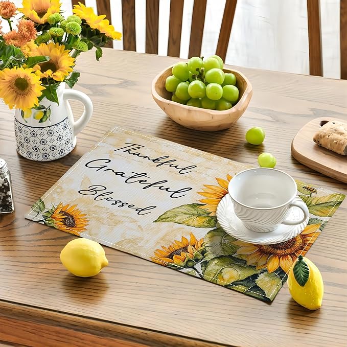 Farmhouse Sunflower Placemats Set of 6, Thankful Grateful Blessed Place Mats, Rustic Bee Dining Table Mats, Washable Placemats for Kitchen Dining Room Home Decor 18L'' × 12W''