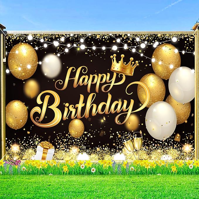YinQin 180x120 cm Black Gold Happy Birthday Party Backdrops Cloth 71x47 in. Glitter Black Gold Happy Birthday Photography Backgrounds Banners Black Gold Happy Birthday Sign Decorations for Men Women