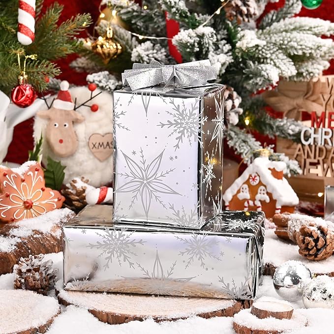 MAYPLUSS Christmas Gift Wrapping Paper Roll - 17 Inch X 33 Feet - Luxurious Metallic Silver Snowflake Elegant Frozen Winter Gift Wrap for Christmas Holiday Scrapbook Paper, Festive Decoration