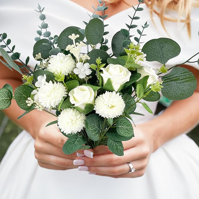 Artificial Greenery Stems Set 110 Pcs 8 Kinds of Faux Eucalyptus Stems and Flowers Fake Silver Dollar Eucalyptus Leaves Stems Bulk for Wedding DIY Bouquets Vase Table Centerpieces Decor