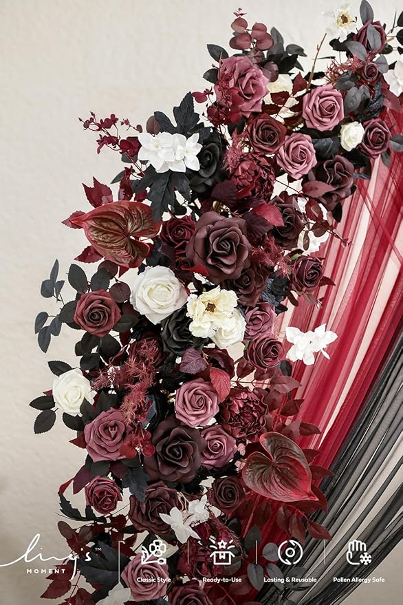 Ling's moment Wedding Arch Backdrop Stand with Flowers - 7.2FT, 6FT Set of 2 Metal Arch Frame with Drapes for Ceremony Decoration - Artificial Floral for Birthday Party, Baby Shower, Black Burgundy