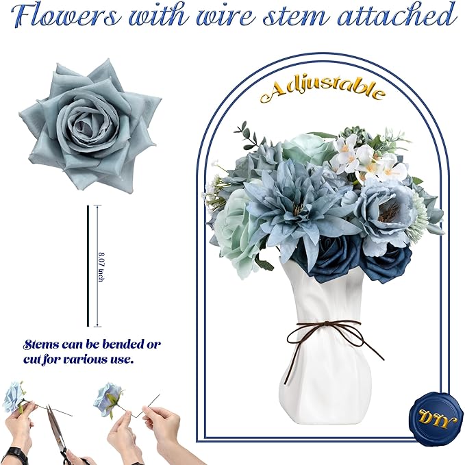 Artificial Flowers Combo Box, Fake Silk Foam Flower Mix with Wire Stem, DIY Wedding Bridal Bouquet Shower Party Home Décor (30-40 Pieces)