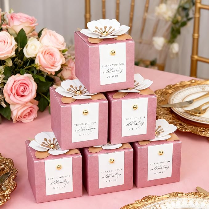 FEIYI 20 PCS Candy Boxes, 3 In 1Dusty Rose Favor Boxes with Floral Decor, White Thank You Tags Gift wrapping for Wedding Birthday Baby Shower Decorations Party -2.55x2.55x2.55''