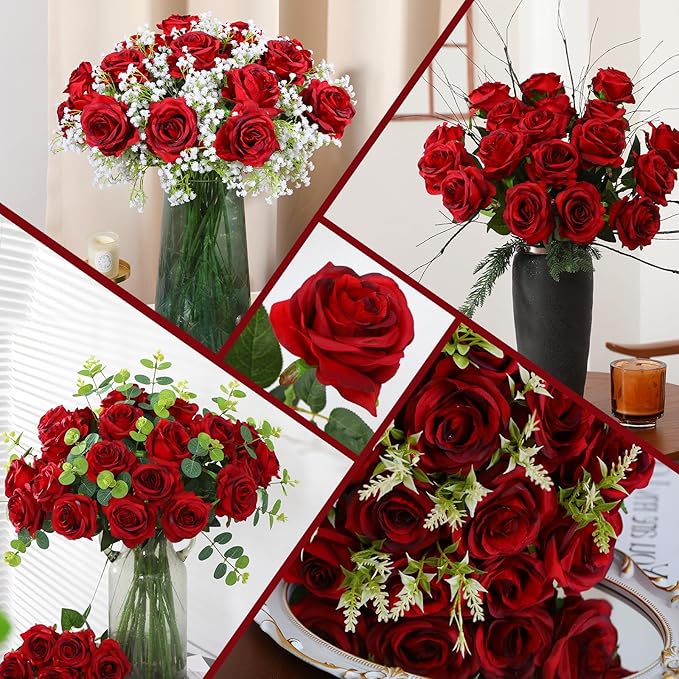 50PCS Artificial Silk Roses in Bulk & Bouquet Long Stem – Realistic Fake Roses for Wedding Centerpieces, Home Decor, Floral Arrangements, Party Decoration (Burgundy)