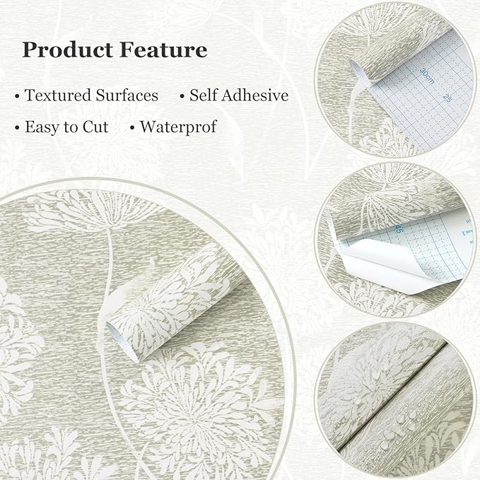 Safiyya Peel and Stick Wallpaper Faux Grasscloth Floral Contact Paper Beige Fabric Wall Paper Modern Linen Neutral Self Adhesive Removable Wallpaper for Bedroom 78.7"x17.3" Vinyl Rolls
