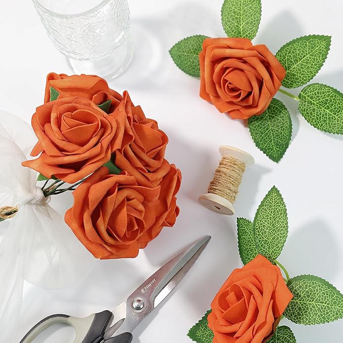 Meldel Artificial Flower 25pcs Real Looking Orange Fake Foam Roses with Stems for DIY Wedding Bouquets Gifts Bridal Shower Crafts Faux Floral Centerpieces Arrangements Home Party Tables Decorations