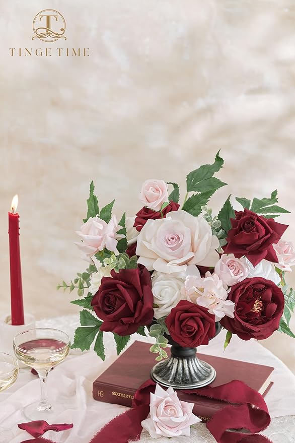 TINGE TIME Artificial Flowers Red & Blush Pink Flower Combo for DIY Wedding Bouquets Table Centerpieces Arrangements Party Baby Shower Home Decorations