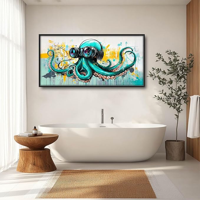 Ocean Octopus Large Wall Art Nautical Pictures Wall Decor Green Canvas Octopus Print Painting Modern Artwork Home Decoration for Living Room Bathroom Bedroom Office Framed 60"x30"