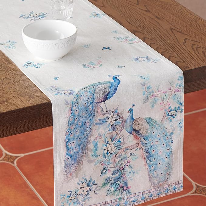 Maison d' Hermine Tablerunners 100% Combed Cotton Premium Table Runner Decorative Table Cover, Home, Kitchen, Parties & Camping, Peacock Utopia, Double Layer - (14.50"x72")