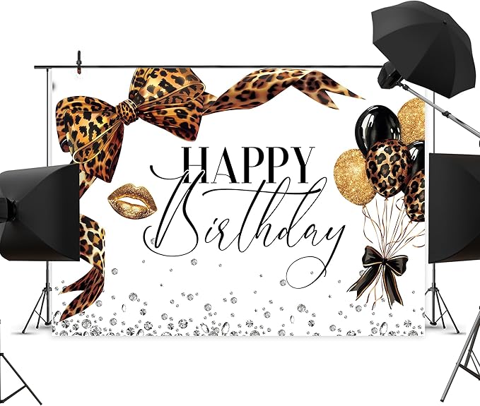 Leopard Print Bow Happy Birthday Backdrop 7Wx5H Photography Coquette Brown White Gold Bowknot Balloons Diamond Bownot Background Girly Party Decorations Banner Photo Booth Props Supplies