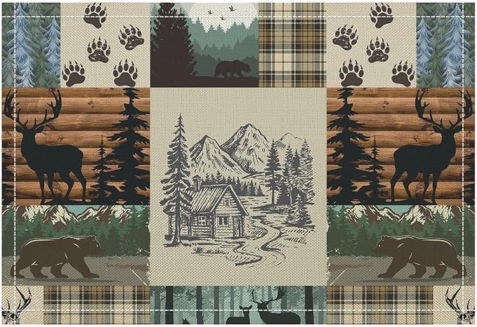 Cabin Bear Deer Moose Placemats Vintage Animal Rustic Lodge Country Art Printed Dining Table Mats Set of 4 for Home Kitchen Holiday Picnic Party Decor 12x18in