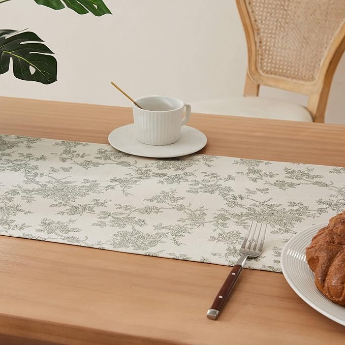 100% Cotton French Pastoral Table Runners, 13x90 Inch Green Farmhouse Table Runners 90 Inches Long, Vintage Flowers Print Home Decors