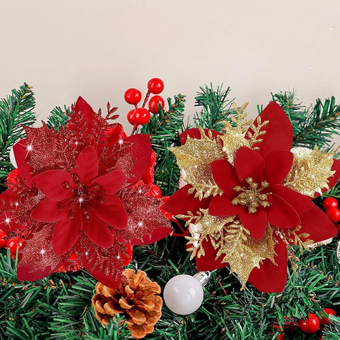 12 PCS Poinsettia Flower Artificial Red Gold Christmas Flowers Artificial 5.5'' Glitter Poinsettias Artificial Christmas Tree Flower With Clips Diy Xmas Wreath Holiday New Year Home Party Decor