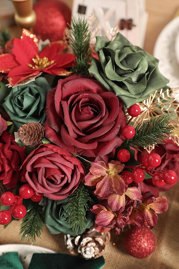 Artificial Christmas Flowers Mix Silk Flowers Fake Roses with Stems for DIY Bridal Bouquets Faux Flowers Centerpieces for Table Home Christmas Decorations