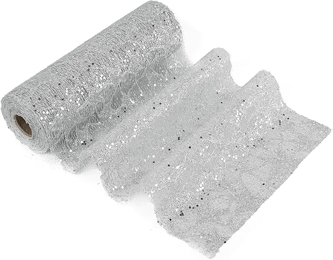 MEEDEE Silver Glitter Mesh Star Web Ribbon 10 Inch Wide by 10 Yards Roll Silver Fabric Ribbon Decorative Mesh Ribbon for Christmas Tree, Garland, Holiday Wreaths, Bows