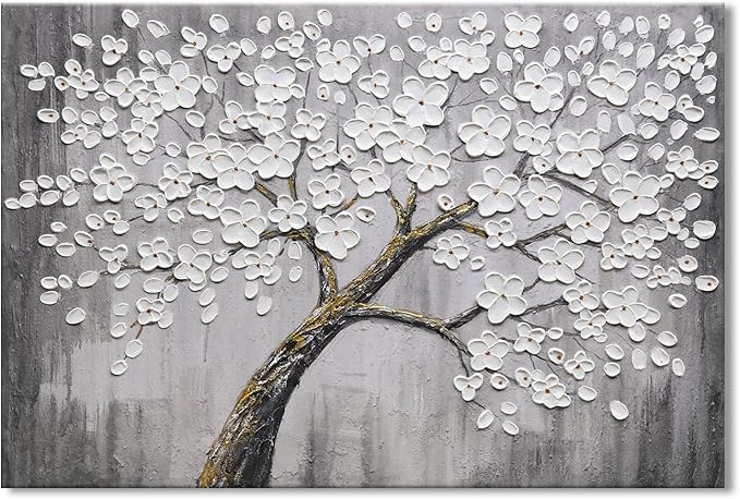 JUHOME Hand-Painted Black and White Thick Texture Flowers Abstract Oil Painting Wall Art,Floral Plum Blossom Tree with Raised Details,Modern Neutral Wall Decor for Home Bedroom,24x36