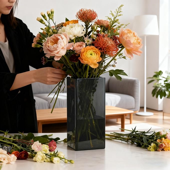 Acrylic Square Flower Vase, Non-breakable Vase, 5" x 5" x 10" Tall Grey Vases for Flower, Large Cube Floral Plant Container, Planter Terrarium for Wedding Party Event, Home Office Decor