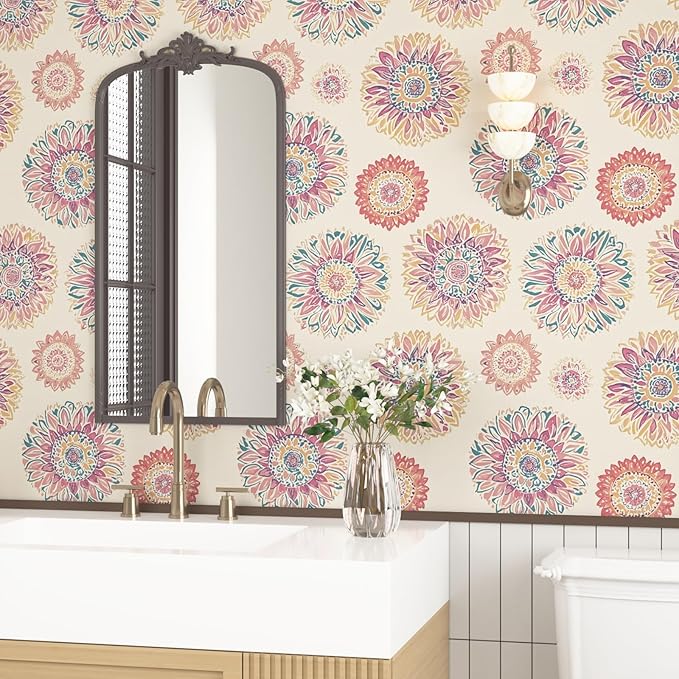 Boho Wallpaper Peel and Stick, Vintage Circle Floral Contact Paper, Abstact Beige/Blue/Pink Retro Flower Wall Paper Self Adhesive Removable Waterproof for Walls Shelves Cabinet Table 17.5" x 118"