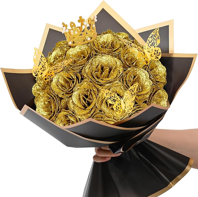 Waipfaru Glitter Roses Bouquet, DIY Fake Flowers Bouquet, Birthday Gifts for Women Mom, 24 Pcs Gold Rose for Grandma Wife Girlfriend Valentines, Mothers Day, Anniversary, Graduation