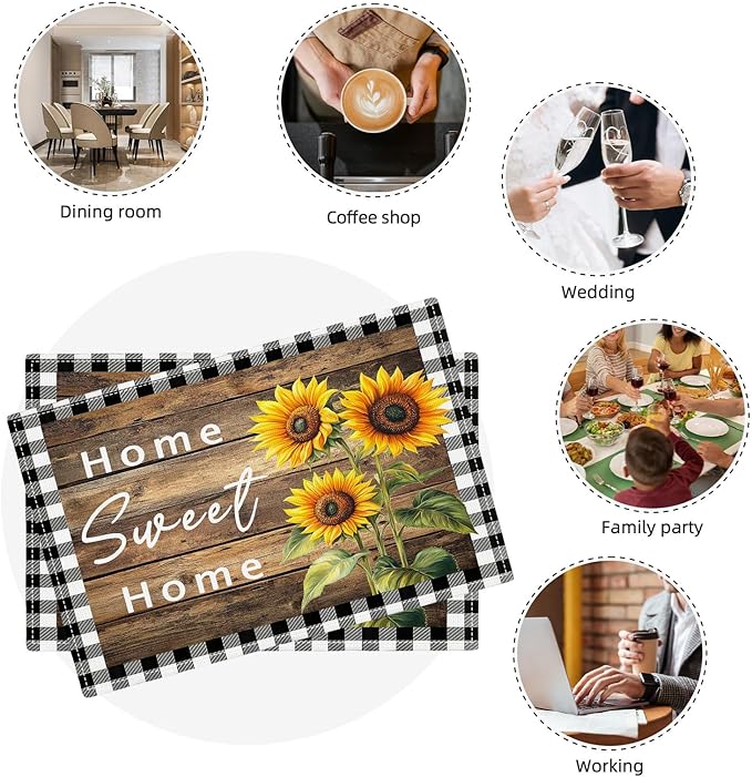 Farmhouse Sunflower Placemats Set of 4, Home Sweet Home Place Mats, Rustic Dining Table Mats, Washable Placemats for Kitchen Dining Room Home Decor 18L'' × 12W''