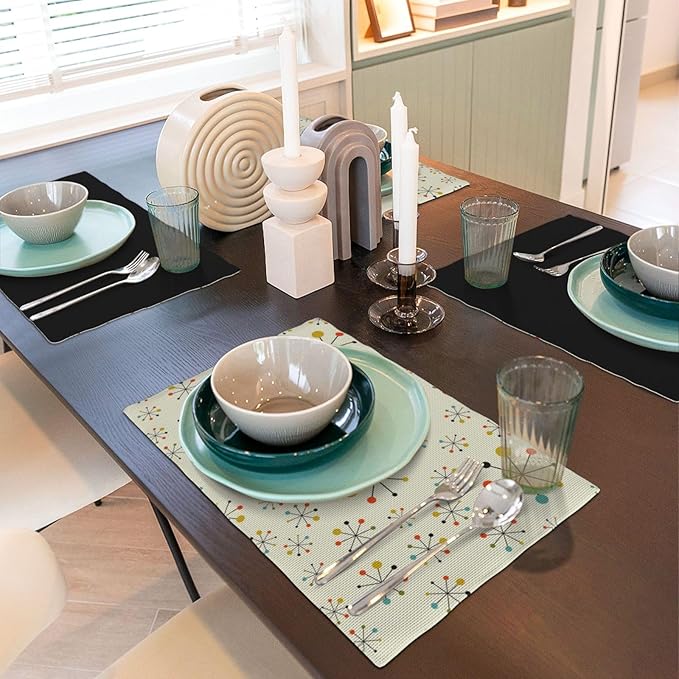 Mid Century Retro Placemats Set of 6 Yellow Kitchen Table Mats for Dining Farmhouse Holiday Home Decor,Linen Washable Place Mats 12x18 6 PCS, Style-18