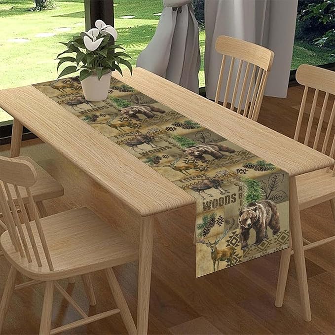 Rustic Cabin Table Runner, Farmhouse Deer Bear Retro Pine Forest Native Aztec Wild Animal Seasonal Coffee Table Center Decor for Home Kitchen Dining Patio Holiday Party Table Decorations 13x72 inches