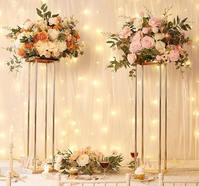 Set of 2 Wedding Centerpieces Geometric High Gold Vases - 31.5" Artificial Flower Display Stand for Wedding Christmas Carnival Party Dinner Event Hotel Home Decor Arrangement