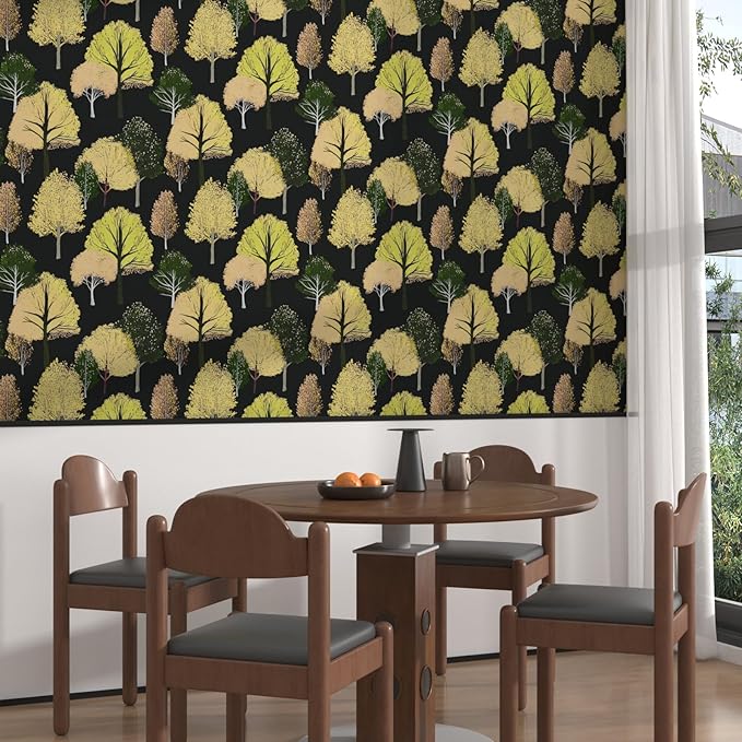 Forest Wallpaper Peel and Stick, Back/Green/Yelllow Trees Contact Paper,Abstract Woodland Landscape Wall Mural Self Adhesive Waterproof Removable for Bathroom Shelves Cabinet Drawer Table 17.5" x 118"
