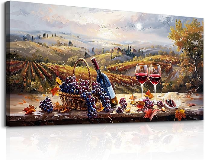 hyidecorart Rustic Wine Large Canvas Wall Art Dining Room Kitchen Still Life Painting Vintage Farmhouse Restaurant Decoration Colorful Artwork Prints for Bar Living Room Posters Landscape Wall Decor