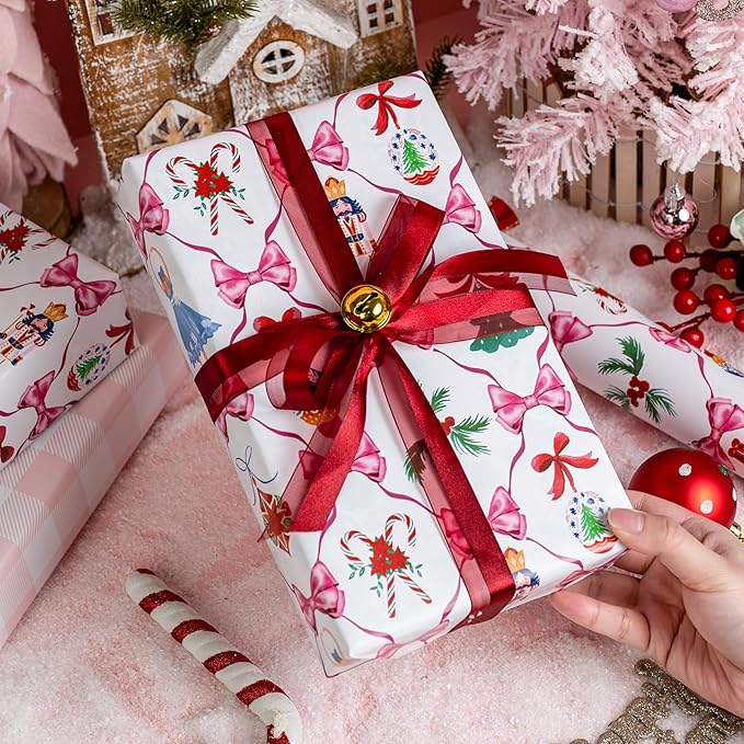MAYPLUSS Christmas Wrapping Paper Roll - 17IN X 33FT - White Nutcracker Wrap Paper Featuring Christmas Tree Bell Bow Holly Candy Cane Reversible Plaid for Girl, Holiday, New Year
