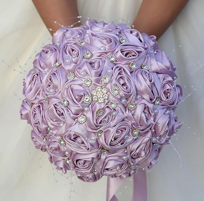 Bridal Wedding Bouquet Round Bling Brooch Bouquet Throw Toss Artificial Rose Flower Bunch for Bride Bridesmaid Wedding Quinceanera(Light Taro Purple, 8.7")